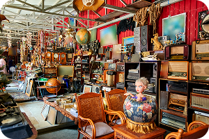 Antique and vintage items at flea market booth
